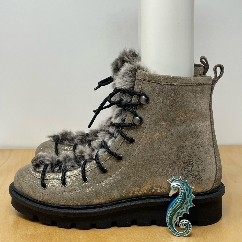 Seychelles Gold Metallic Leather/Faux Fur Cooperation Combat Boots Size 7